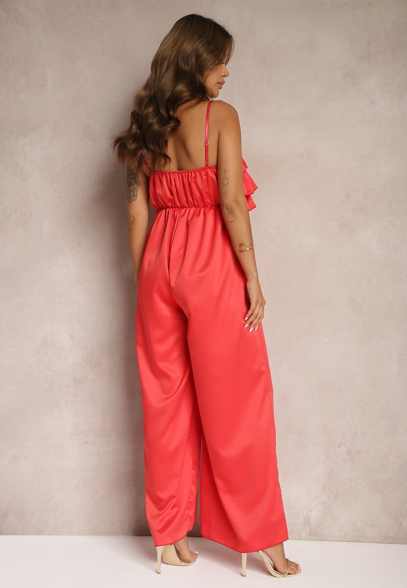 Czerwony Koktajlowy Kombinezon na Ramiączkach z Regulacją i Gumką w Talii Uesvia