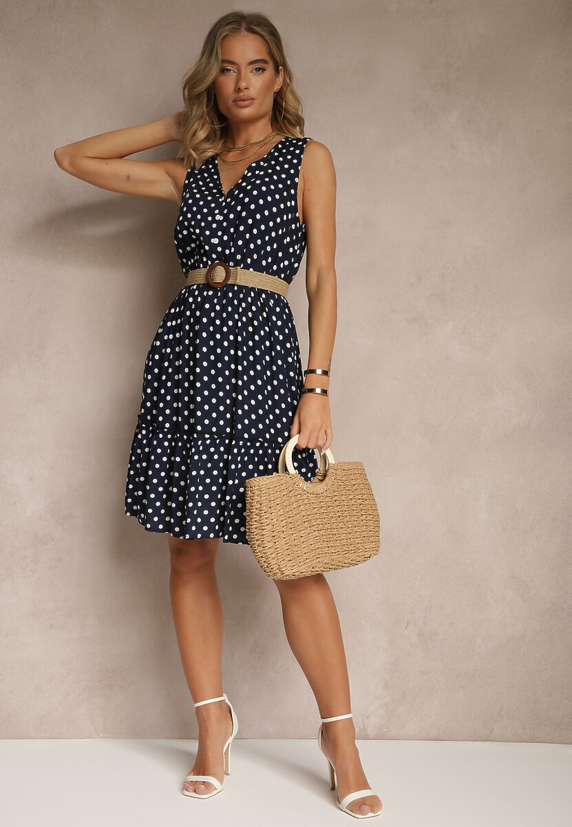 Granatowa Rozkloszowana Sukienka z Bawełną i Wiskozą ze Wzorem Kropek Lilamora