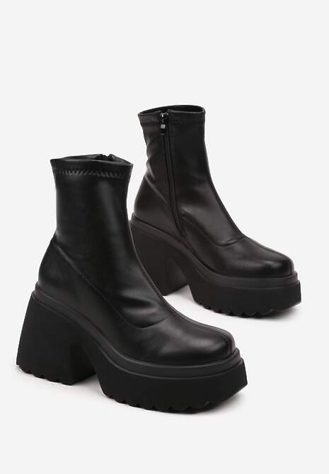 Czarne Botki na Platformie i Słupku Wykończone Suwakiem i Dopasowaną Cholewką Saliefra