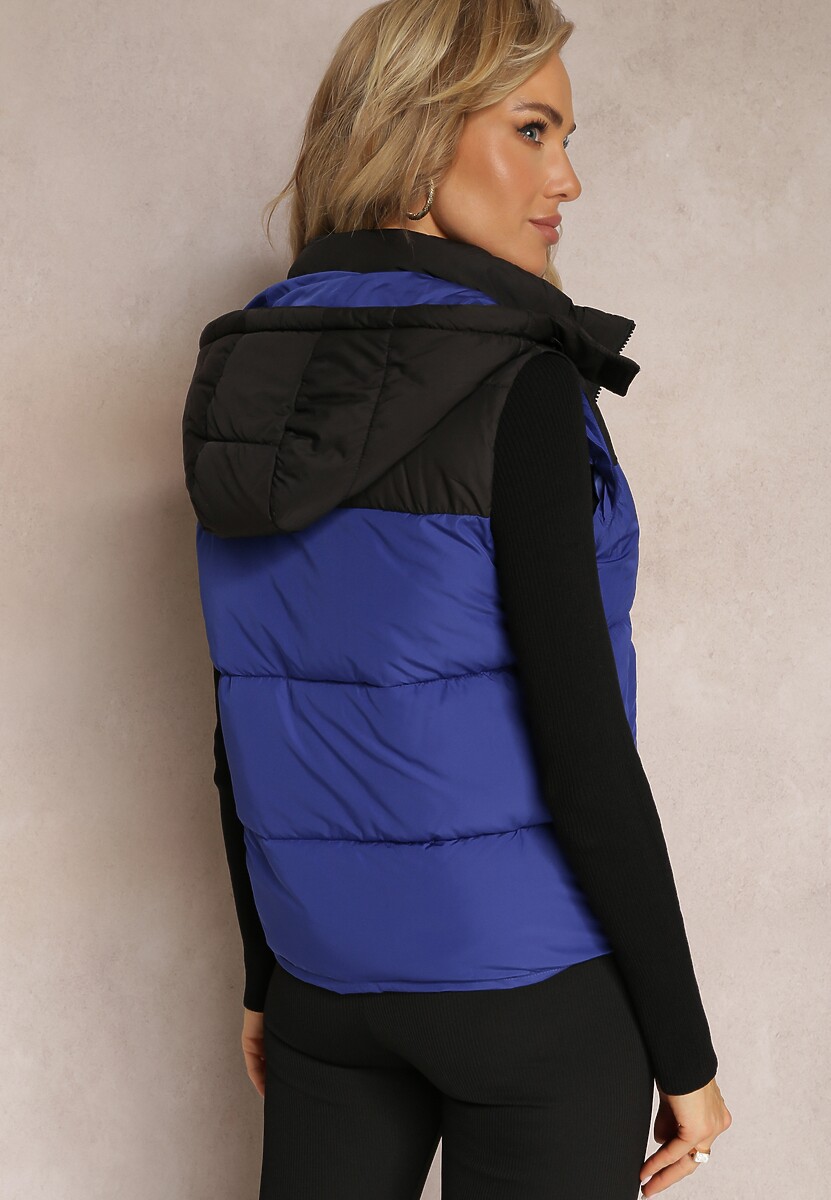 Granatowa Kamizelka Zapinana na Suwak z Kapturem i Kieszeniami Nahom