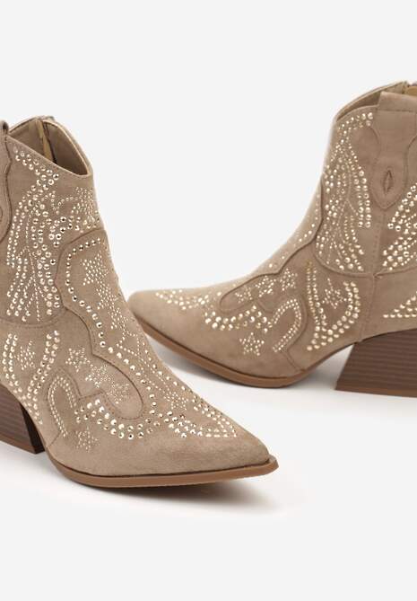 Ciemnobeżowe Kowbojki Botki z Cyrkoniami na Stożkowym Słupku Mevaela
