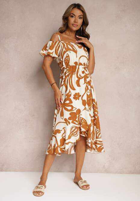 Brązowa Sukienka na Ramiączkach z Hiszpańskim Dekoltem i Gumką w Talii Nellondra