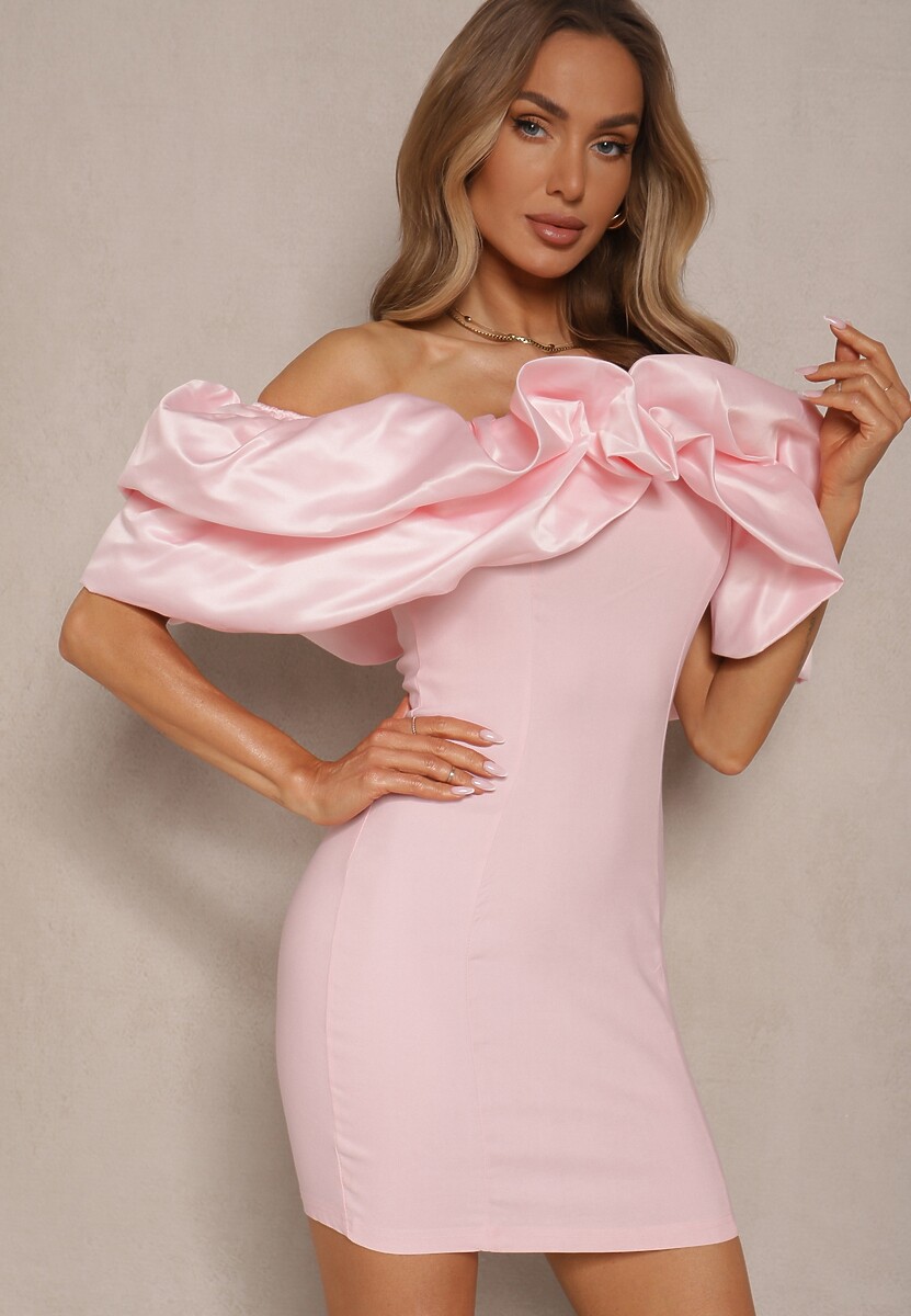 Różowa Mini Sukienka o Dopasowanym Fasonie z Hiszpańskim Dekoltem Callacia