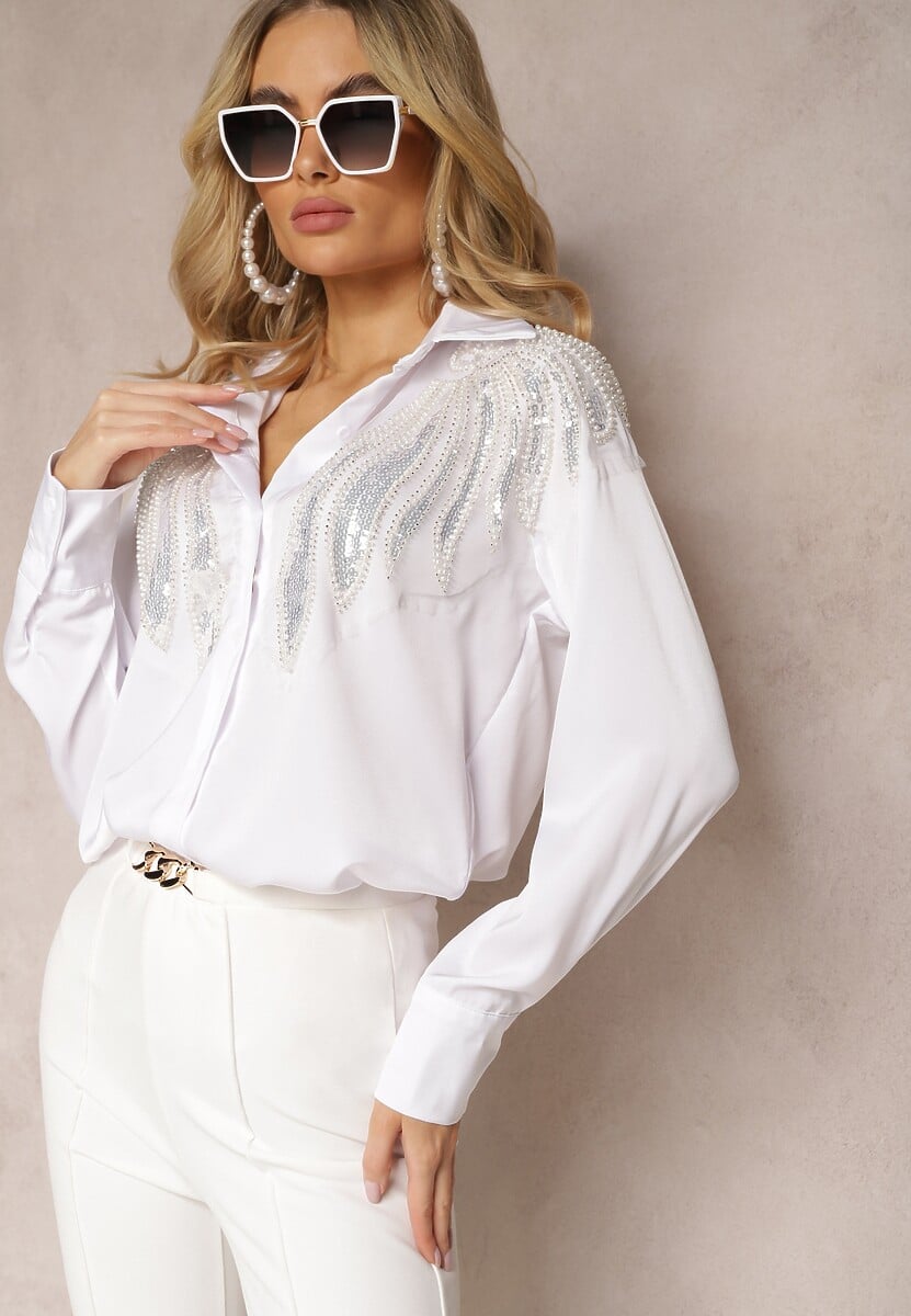 Biała Klasyczna Koszula z Naszywkami Cekinami i Koralikami Sarkia