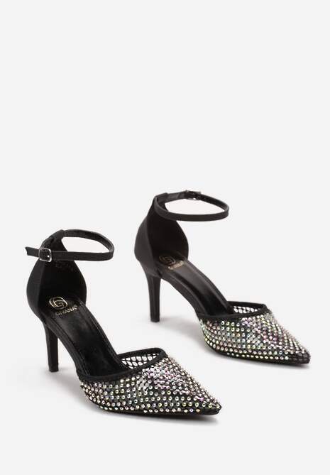 Czarne Sandały na Szpilce ze Szpiczastym Noskiem z Siateczką w Cyrkonie Lioffa