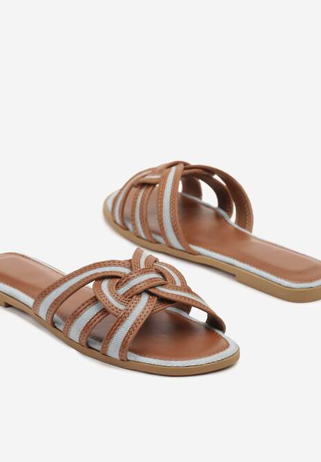 Brązowo-Niebieskie Klapki Ozdobione Paskami Telonilia