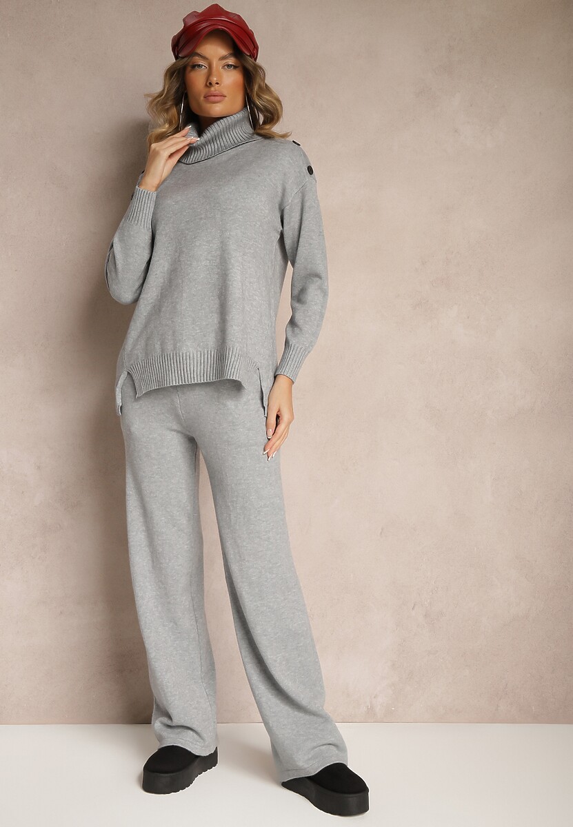 Beżowy Komplet z Wiskozą i Modalem Spodnie o Szerokim Kroju i Golf Ozdobiony Guzikami Sassifra