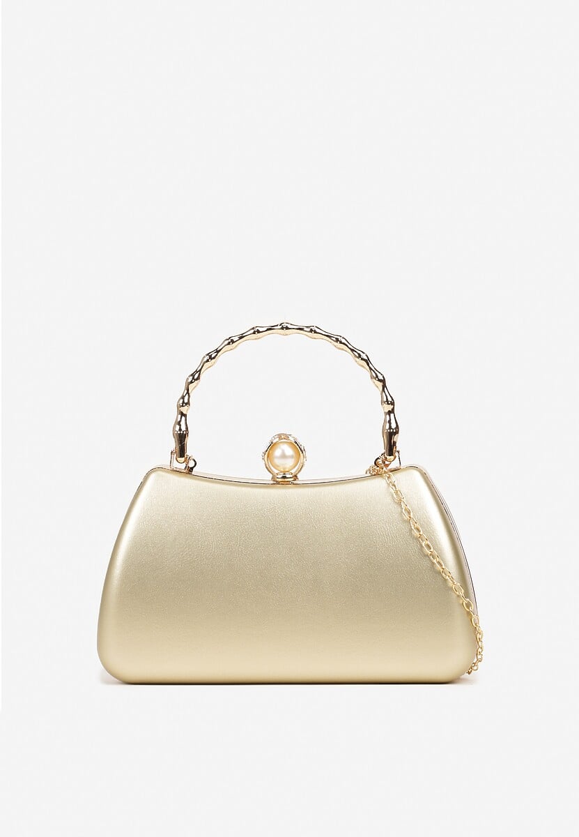 Złota Torebka Kopertówka Ozdobiona Perełką Fesaila