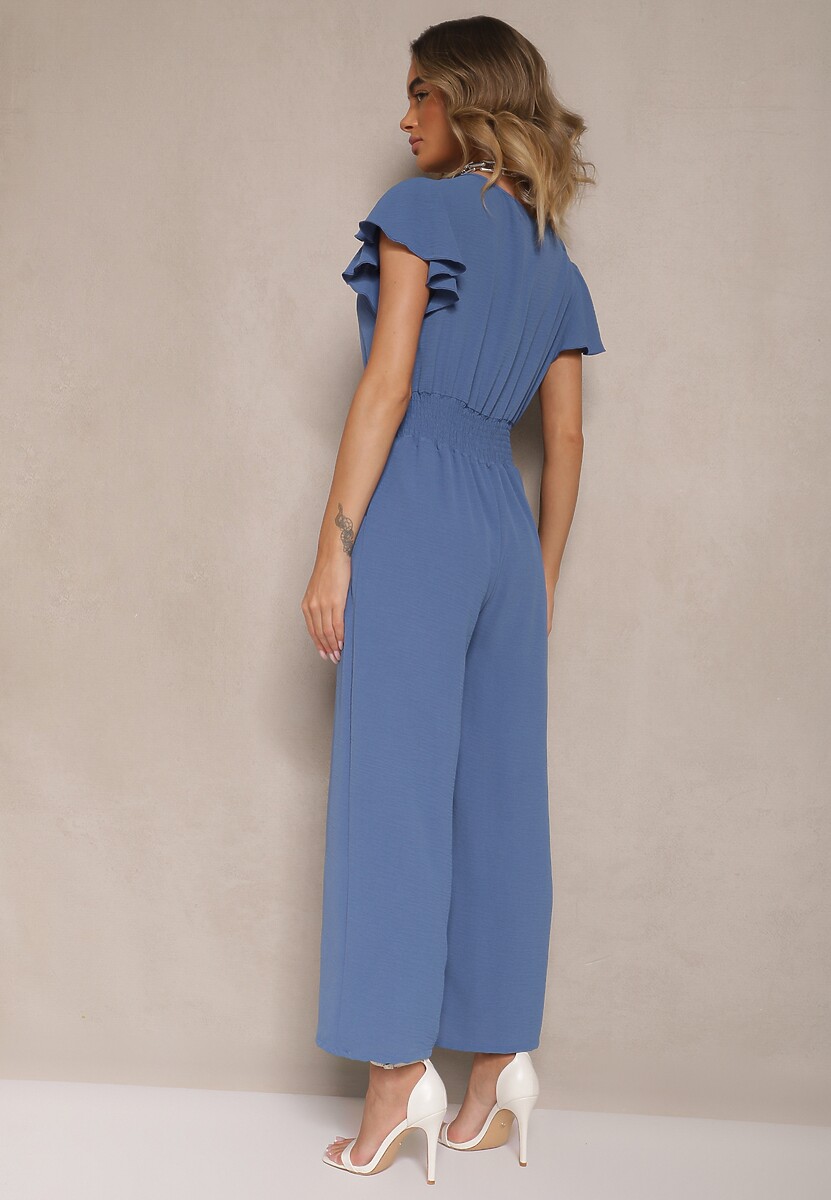 Niebieski Kombinezon o Kopertowym Kroju z Gumką w Talii Martalia