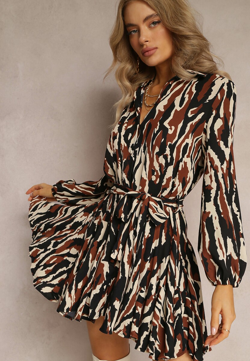 Brązowa Sukienka Koszulowa z Materiałowym Paskiem Mariou