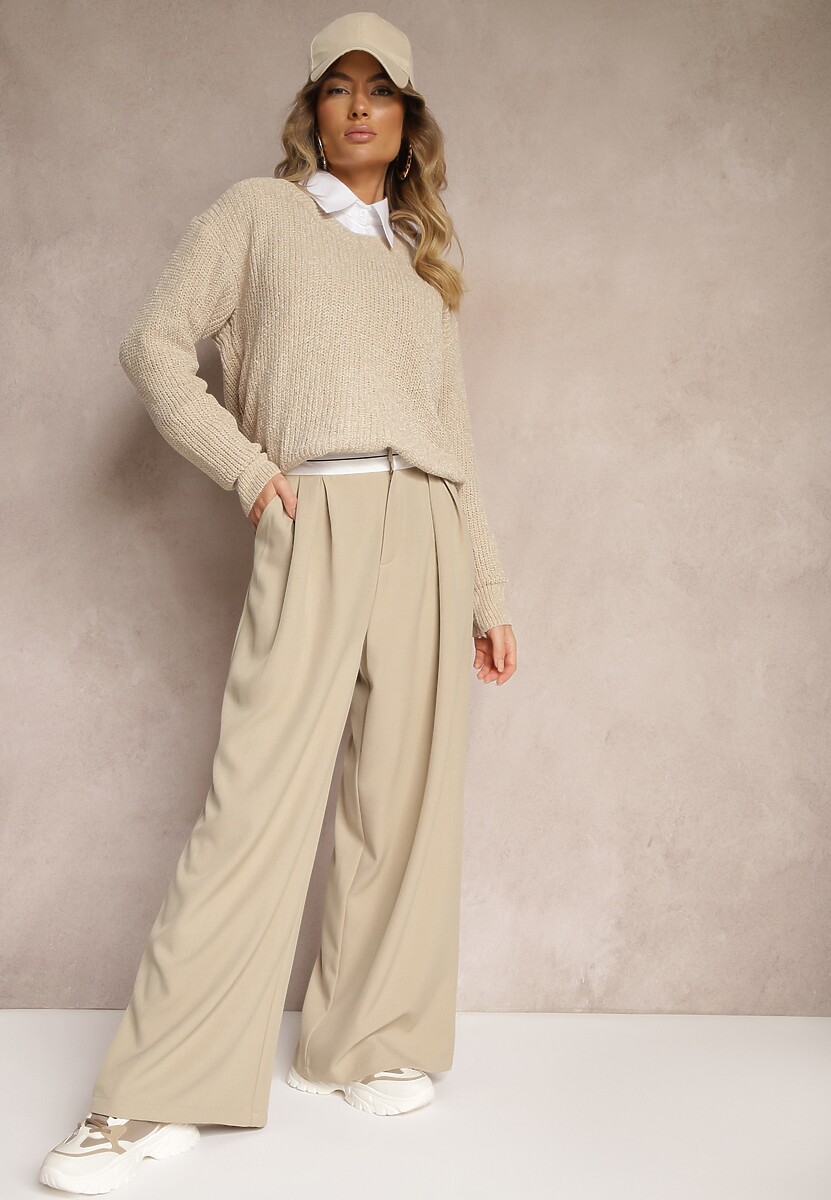 Beżowe Spodnie z Wiskozy Palazzo High Waist Zapinane na Suwak Nellieva