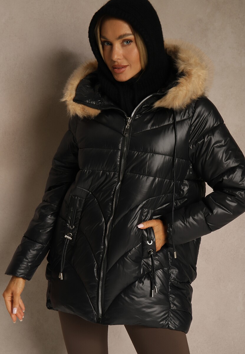 Brązowa Trapezowa Kurtka z Pikowanymi Przeszyciami i Kapturem z Odpinanym Futrem Deoiala