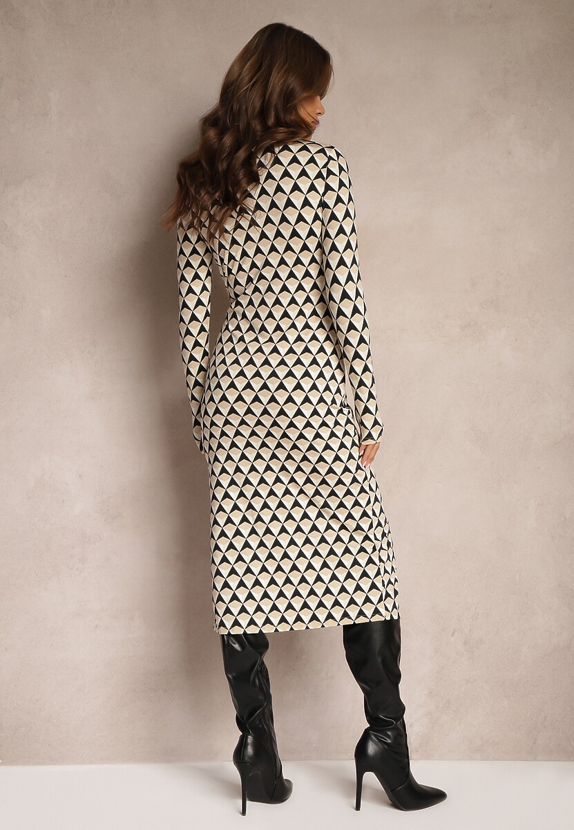 Beżowa Sukienka Dopasowana z Kopertowym Dekoltem i Geometrycznym Wzorem Nohea