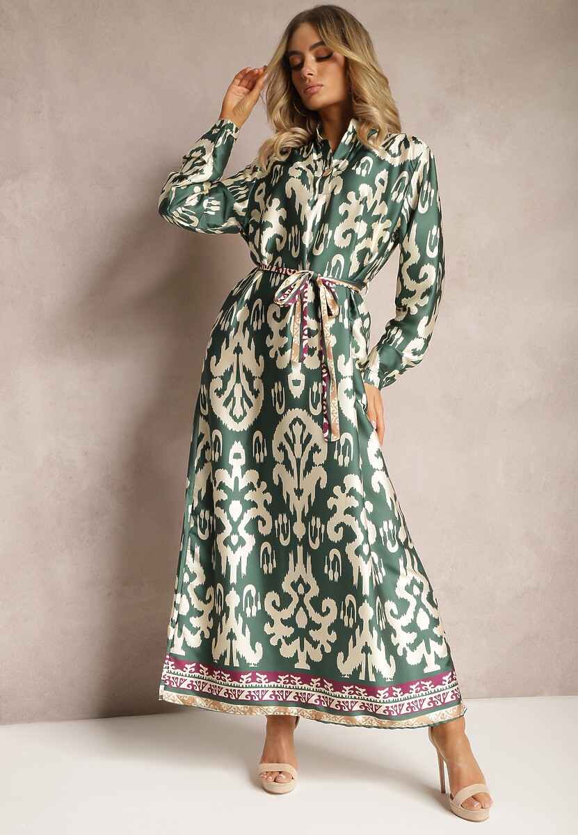 Zielona Pudełkowa Sukienka Satynowa z Paskiem w Talii w Ornamentalny Print Tarosa