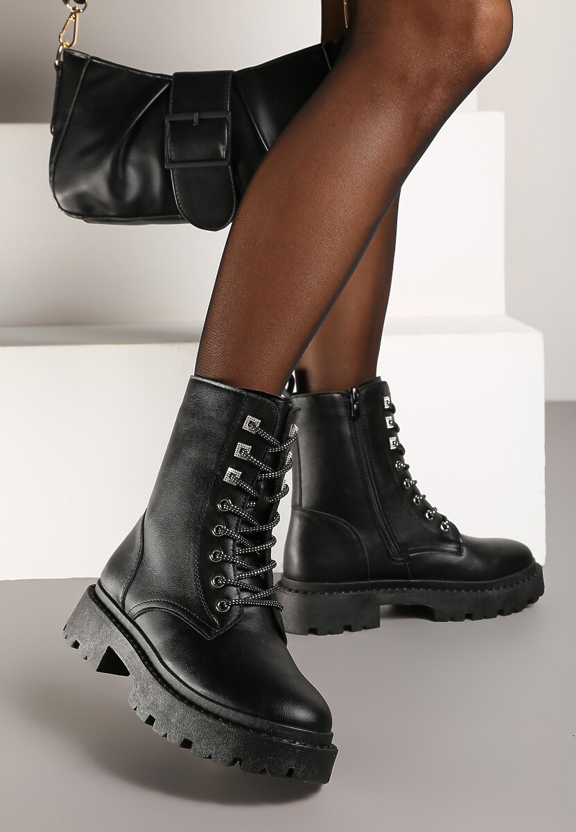 Czarne Botki Workery na Płaskiej Podeszwie Wykończone Cyrkoniami Lerissna