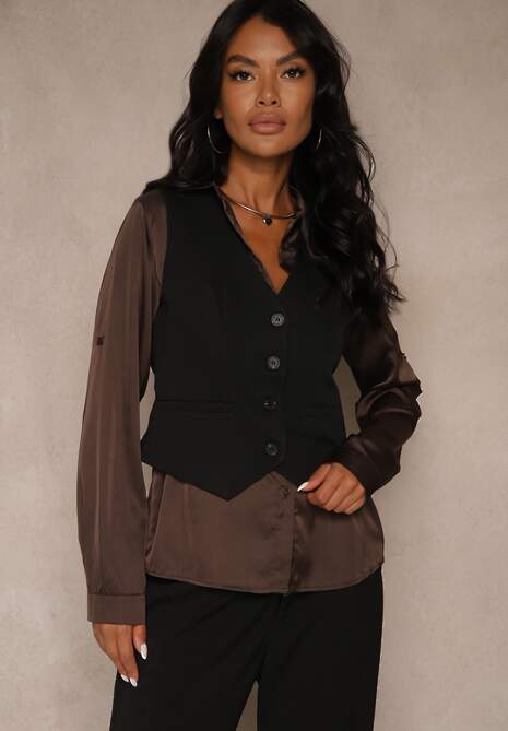 Czarna Kamizelka na Guziki bez Rękawów Ellowen