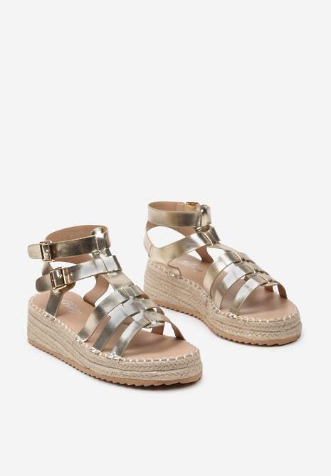 Złote Sandały Gladiatorki na Koturnie Ozdobionym Plecionką z Juty Tanu