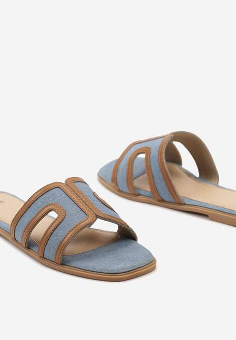 Niebieskie Płaskie Klapki z Kwadratowym Noskiem i Ozdobnymi Wycięciami Starlenna