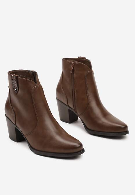 Brązowe Botki na Słupku w Stylu Kowbojek z Ozdobnymi Napami Elzinna