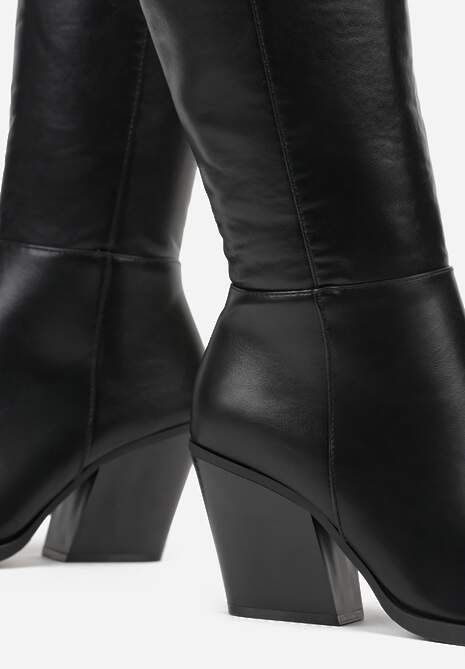 Czarne Kozaki do Kolana na Obcasie Typu Stożek ze Szpiczastym Noskiem Seorina