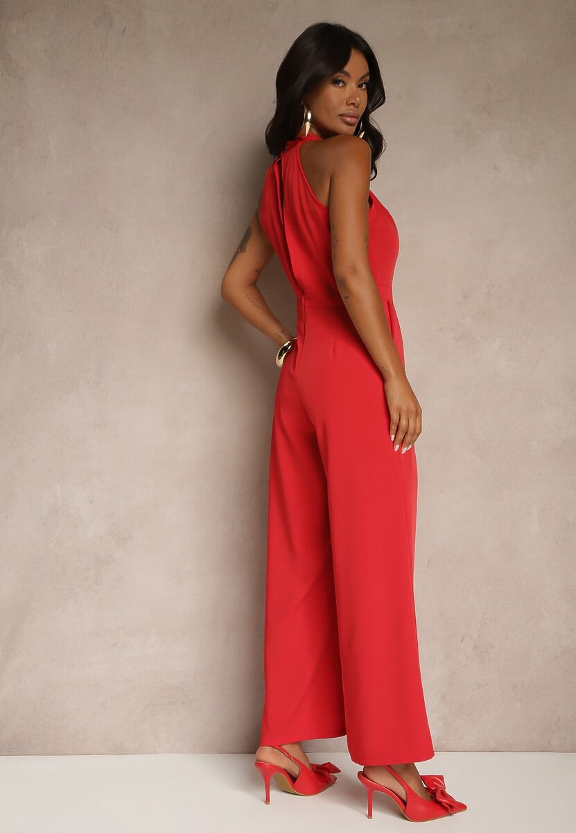 Czerwony Kombinezon Wide Leg z Ozdobnym Wiązaniem przy Szyi Silelia