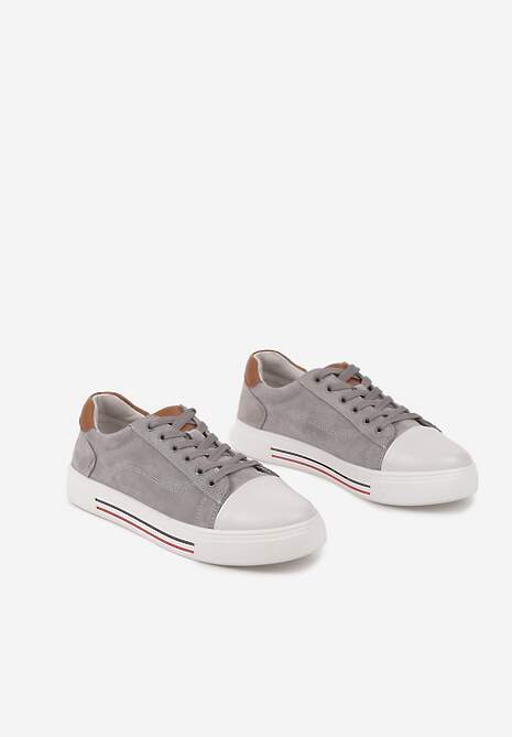 Szare Płaskie Trampki ze Skóry Naturalnej ze Skórzaną Wkładką i Ozdobnym Noskiem Milili