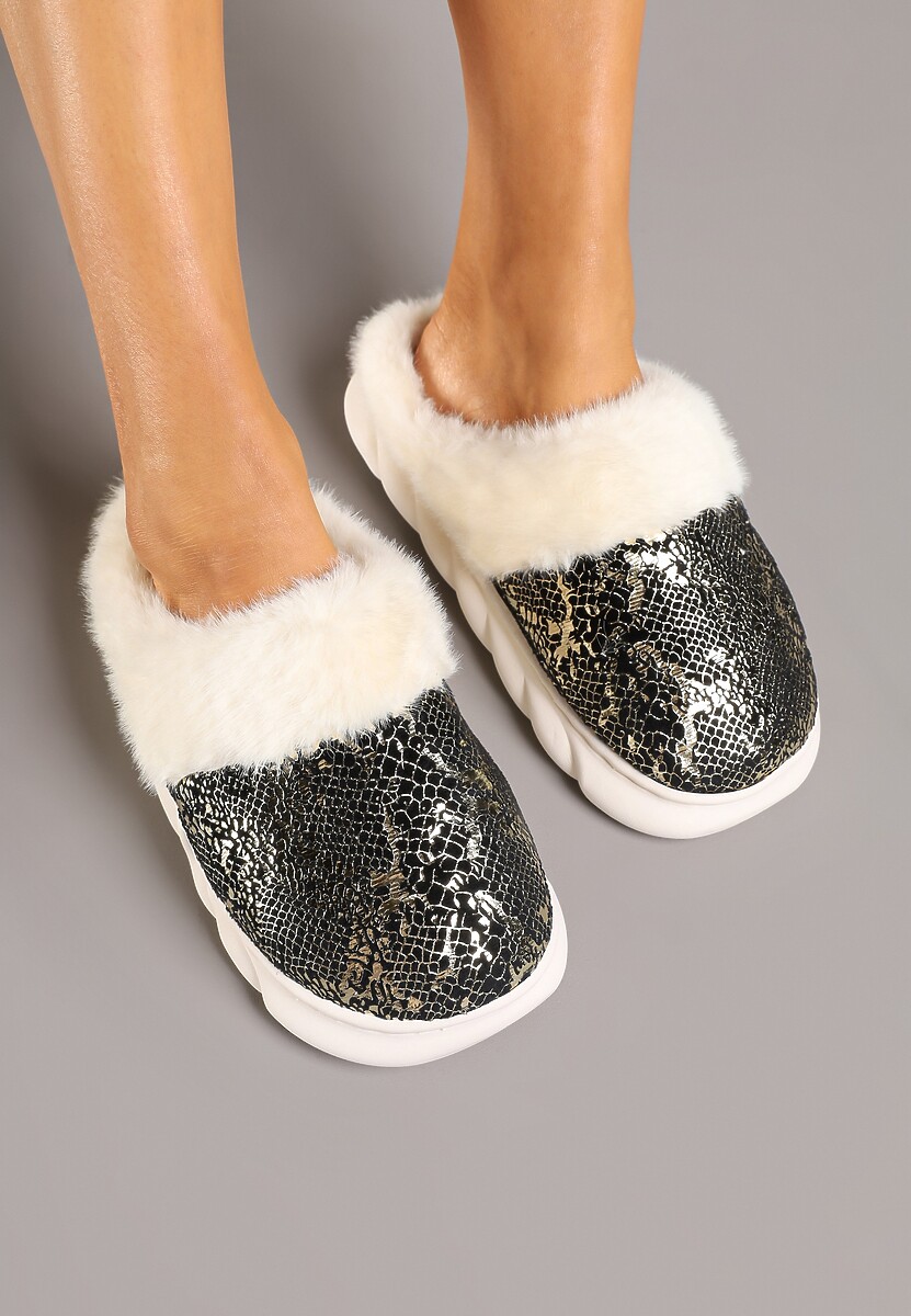 Czarne Kapcie Vices na Piankowej Podeszwie Zdobione Futrem Eleadraea