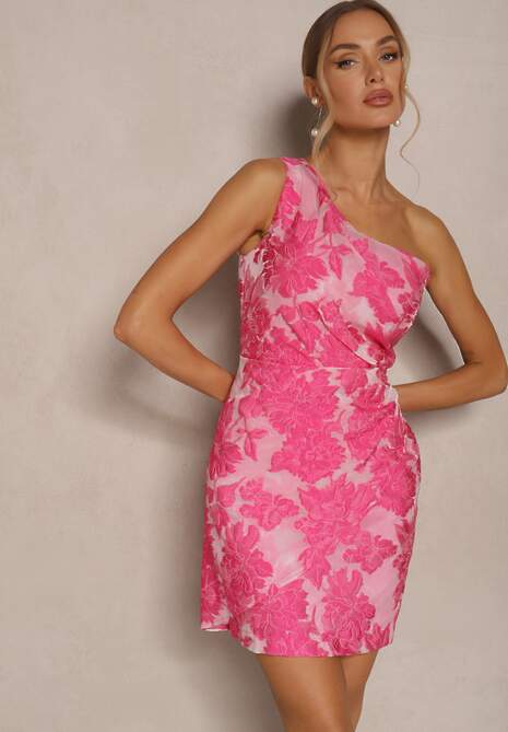 Różowa Sukienka w Kwiaty o Taliowanym Fasonie z Asymetryczną Górą na Jedno Ramię Halavira