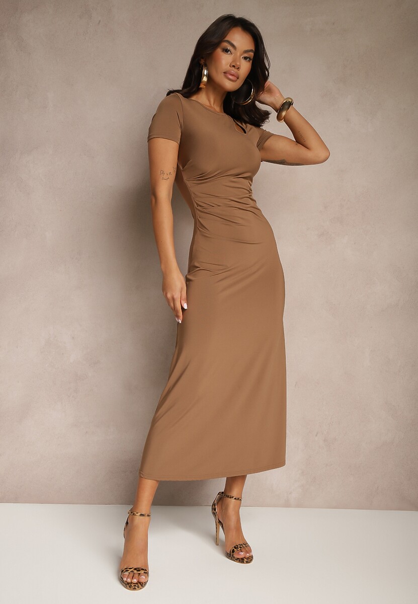 Brązowa Sukienka Bodycon z Marszczeniem w Talii  i Krótkimi Rękawami Aterezza