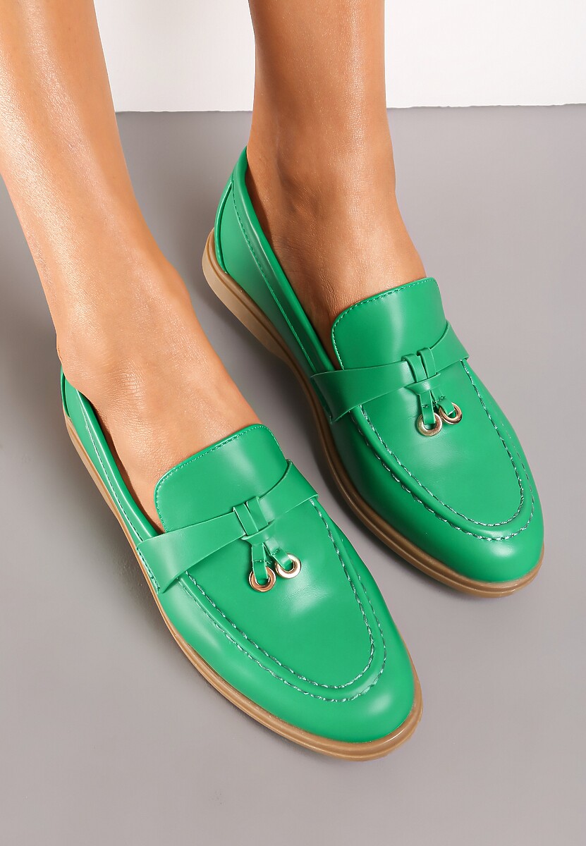 Zielone Mokasyny z Imitacji Skóry z Minimalistyczną Zawieszką Biaha