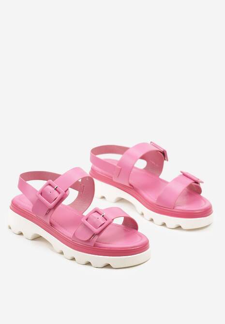 Fuksjowe Sandały z Imitacji Skóry z Dwiema Sprzączkami i Elastycznym Paskiem na Pięcie Risavia