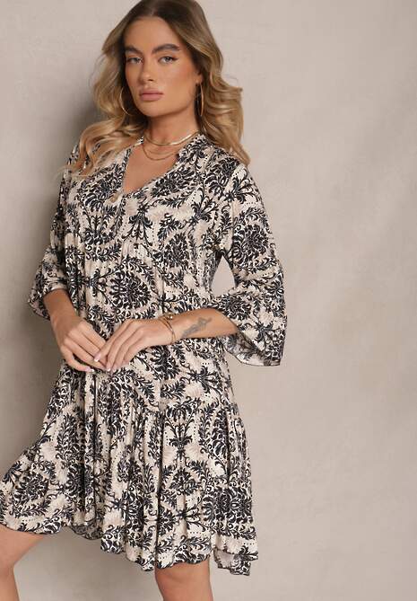 Beżowo-Czarna Bawełniana Sukienka o Rozkloszowanym Kroju w Ornamentalny Print Laniwea