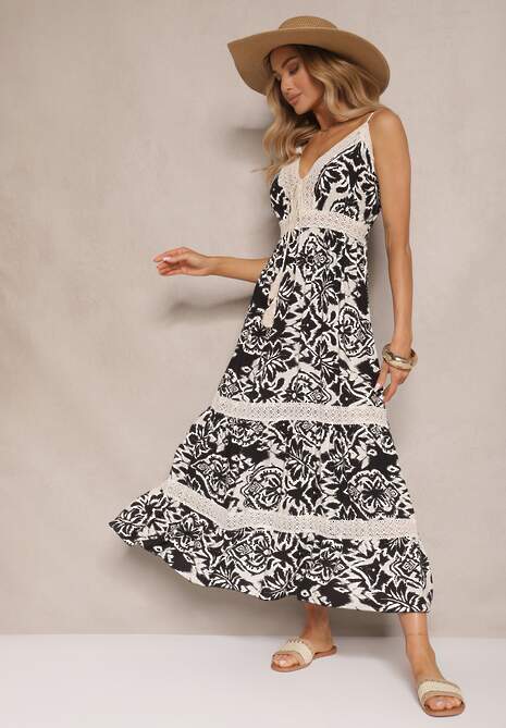 Czarna Sukienka z Bawełny o Rozkloszowanym Kroju w Etniczny Print Taliraya