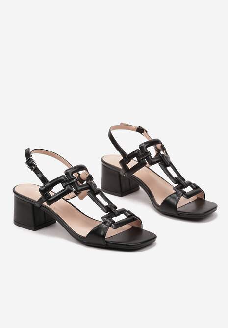 Czarne Sandały na Słupku Ozdobione Geometrycznymi Paskami Leandith