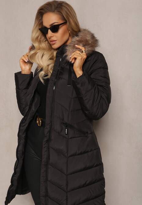 Czarna Kurtka do Kolan Pikowana z Kapturem Vasusa