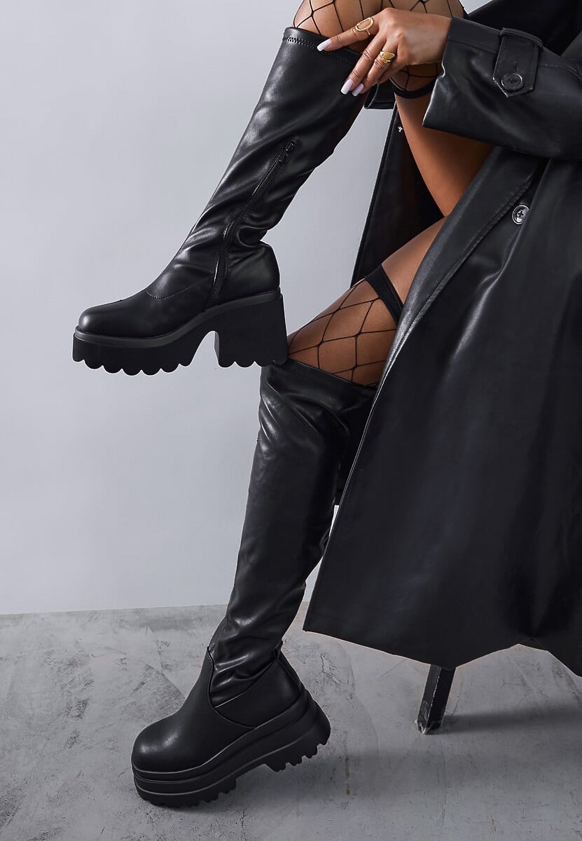 Czarne Wysokie Kozaki Vices w Stylu Chunky z Dopasowaną Cholewką Ceterie