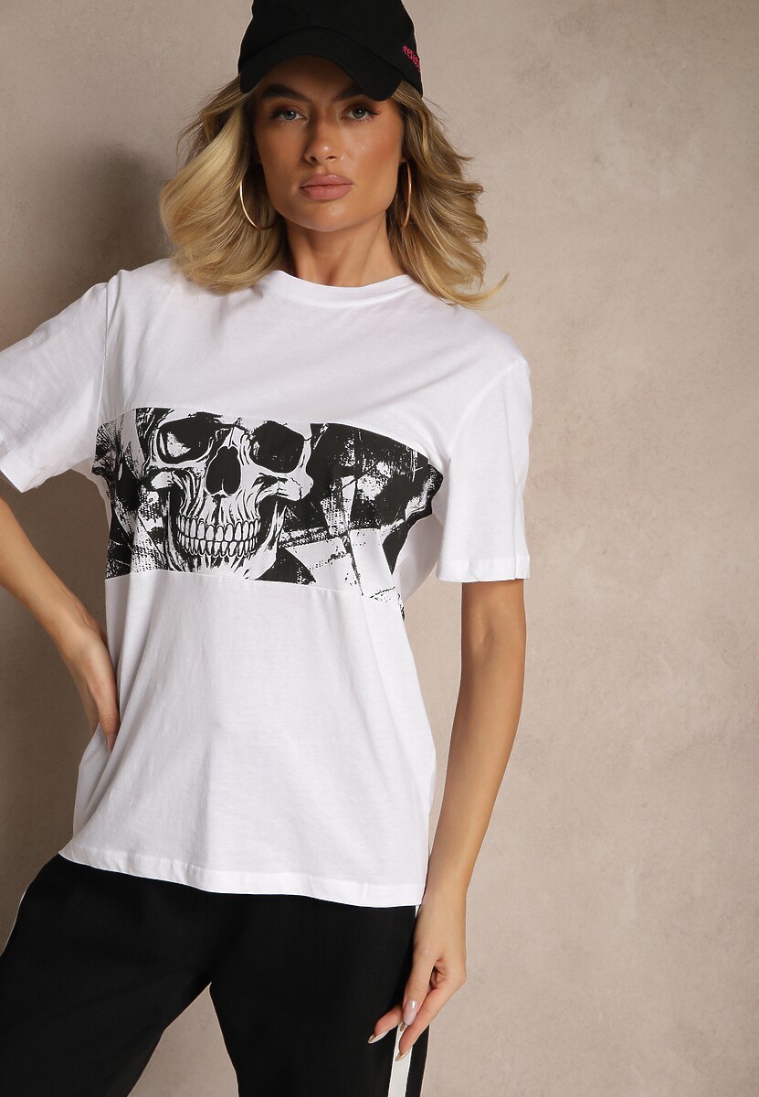 Biała Bawełniana Koszulka T-shirt z Nadrukiem Czaszki Lanavira
