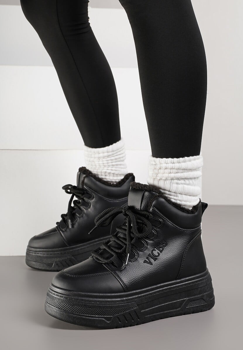 Czarne Sneakersy na Grubej Podeszwie Mocno Ocieplane Futrem Leavinael