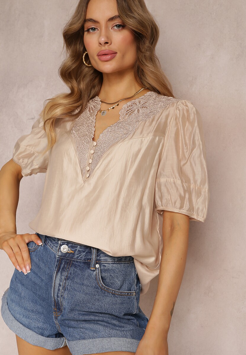 Beżowa Bluzka z Haftowanym Dekoltem Trac
