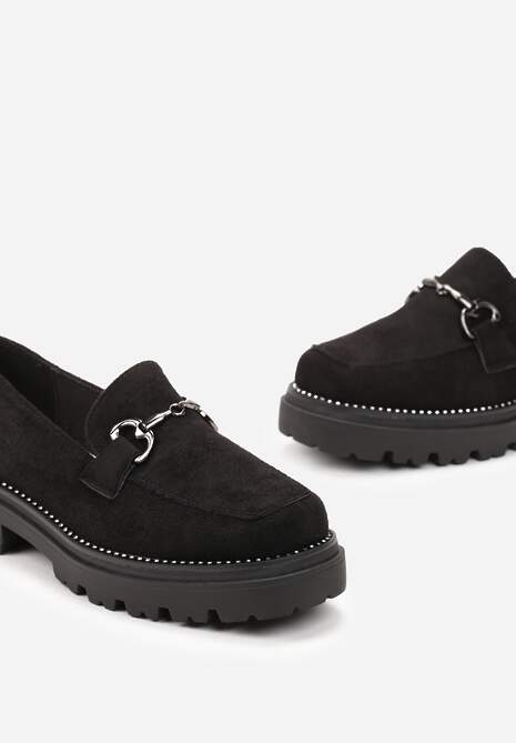 Czarne Mokasyny z Klamerką na Platformie z Cyrkoniami i Wkładką ze Skóry Naturalnej Tawai