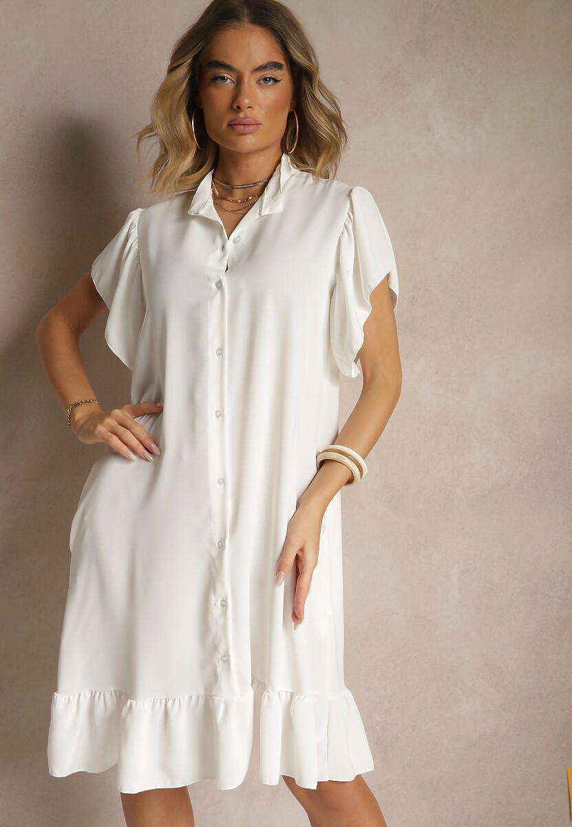 Biała Koszulowa Sukienka Ozdobiona Falbankami i Guzikami Tenelora