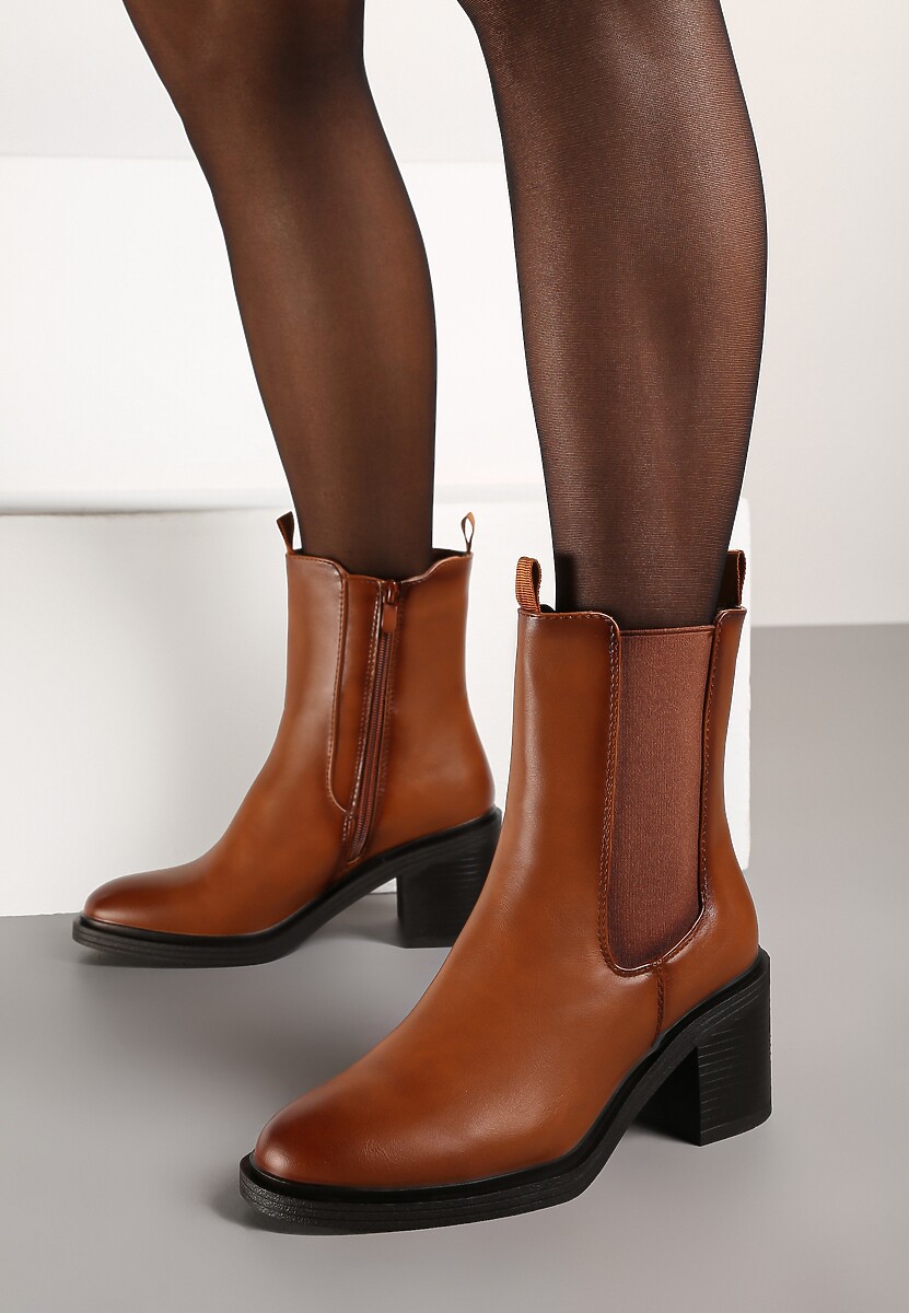 Brązowe Ocieplane Botki na Słupku w Stylu Sztybletów Tarinne