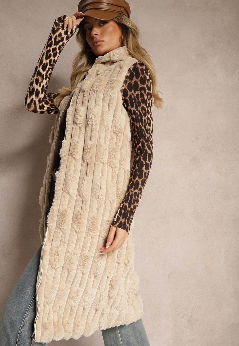 Beżowa Długa Kamizelka z Futerka Zapinana na Suwak z Kapturem Vioresa