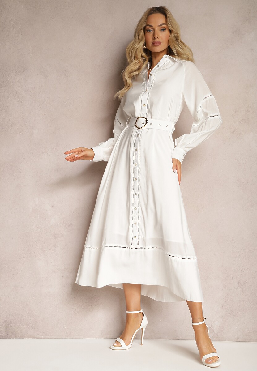 Biała Rozpinana Sukienka z Materiałowym Paskiem i Klamrą Kastria