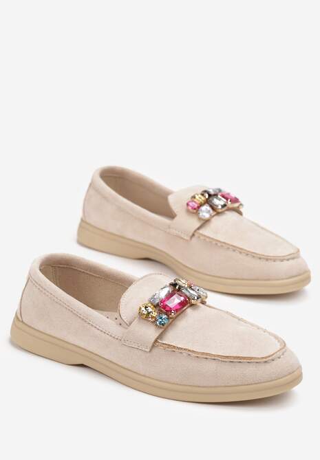 Beżowe Mokasyny w Cyrkonie i Wkładką ze Skóry Naturalnej Werisa