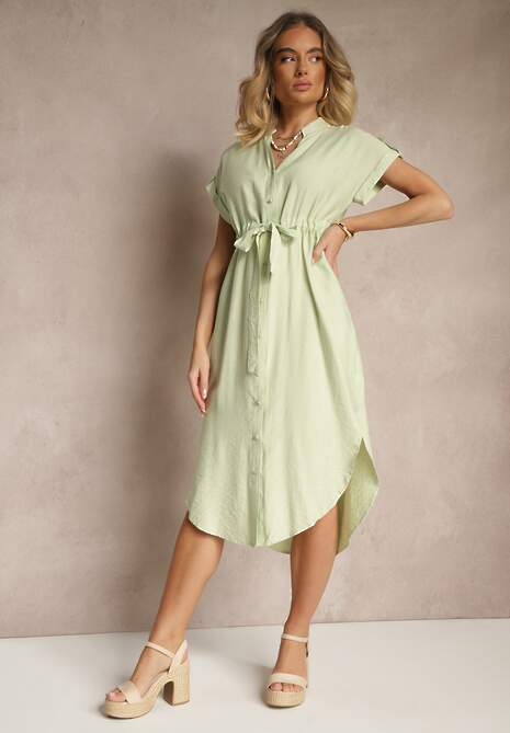 Zielona Koszulowa Rozkloszowana Sukienka z Wiskozy z Paskiem Katilene