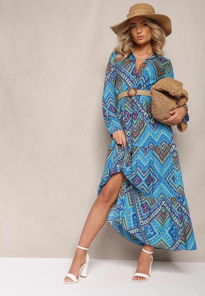 Niebieska Koszulowa Sukienka Boho z Podpinanymi Rękawami z Bawełny Otersa