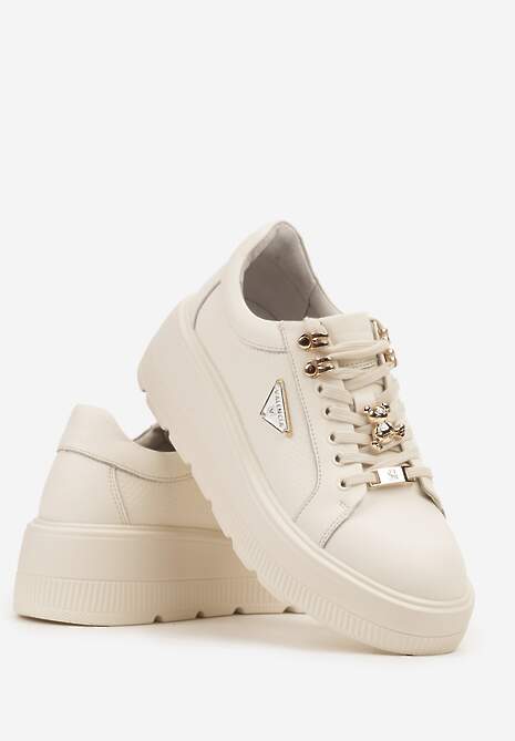 Beżowe Skórzane Sneakersy na Platformie Ozdobione Aplikacją Doliresa