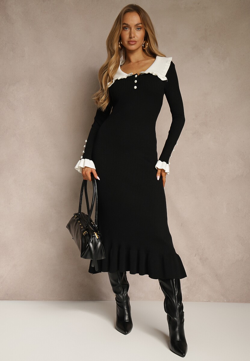 Czarna Sukienka Retro z Dzianiny z Wiskozą Zdobiona Kołnierzykiem Zihanne