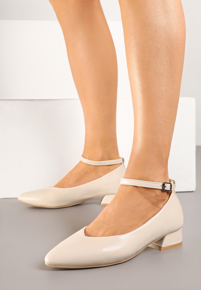 Beżowe Czółenka na Słupku z Wkładką ze Skóry Naturalnej Ozdobione Paskiem Norzeri